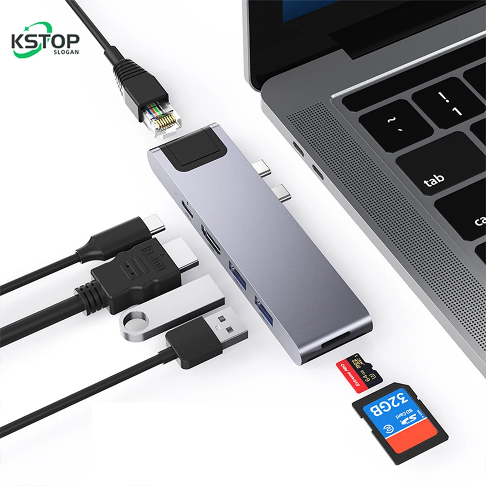 KSTOP 7-in-2 USB C Docking Station MacBook Adapter Dongle Type C Docking Station USB-C 3.0 Hub 4K@30Hz HDMI-Compatible PD 100W