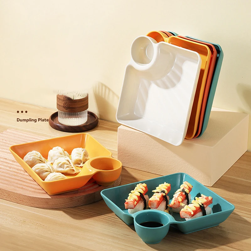 Square Dumpling Plate With Vinegar Sauce Dish Space Snack Platter Creative Separated Divided Snack Tray Kitchen Tableware