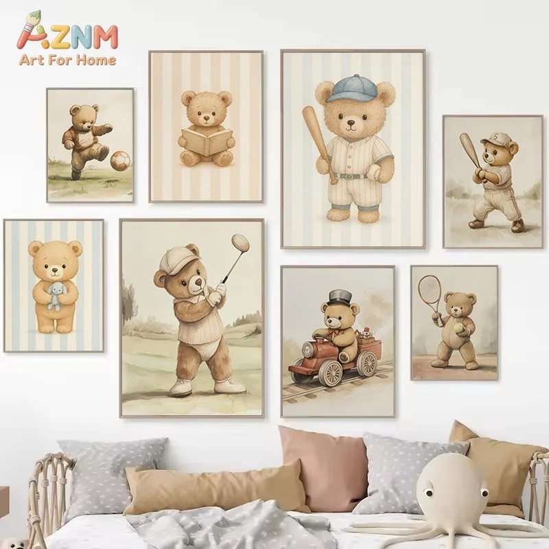AZNM Cute Sport Teddy Bear Canvas Wall Art Print, Golf Baseball Football Tennis Bear Vintage Watercolor Baby Boys Nursery Decor