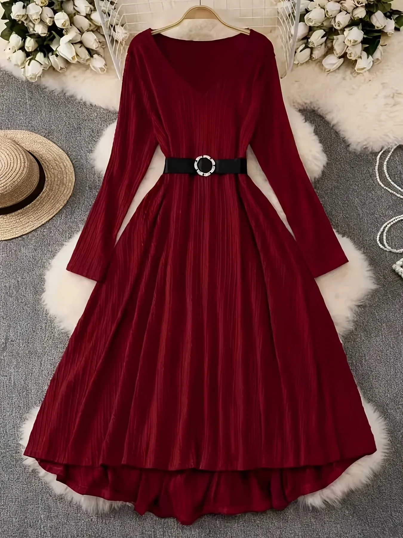 

Large-Sized Women's Dress Spring Autumn Cinched Waist Belted Style for Fashionable Comfort