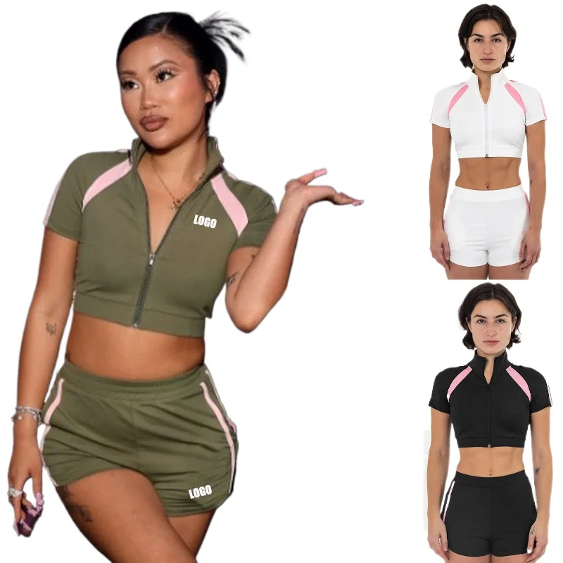 

Custom LOGO Women's Spice Girls Sports High Neck Splicing Zipper Short Sleeve Skinny Contrast Short Top Shorts Set