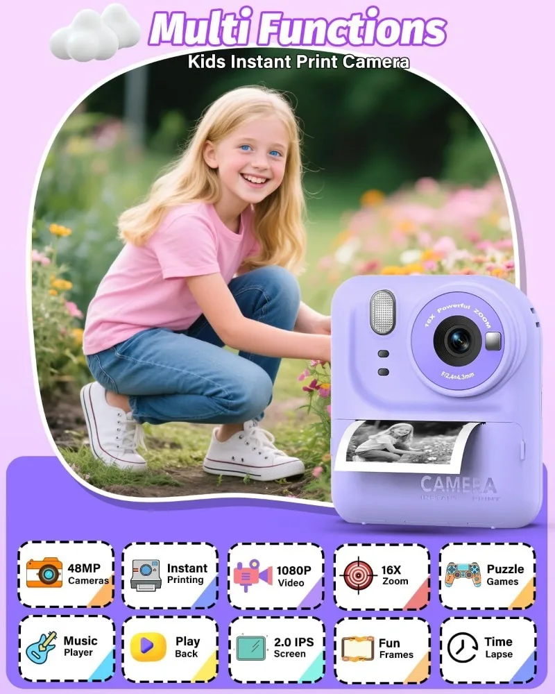 Kindercamera Instant Print Photo, draagbaar thermisch printen Cameraspeelgoed met HD digitale video, voor studentencreativiteit en leren