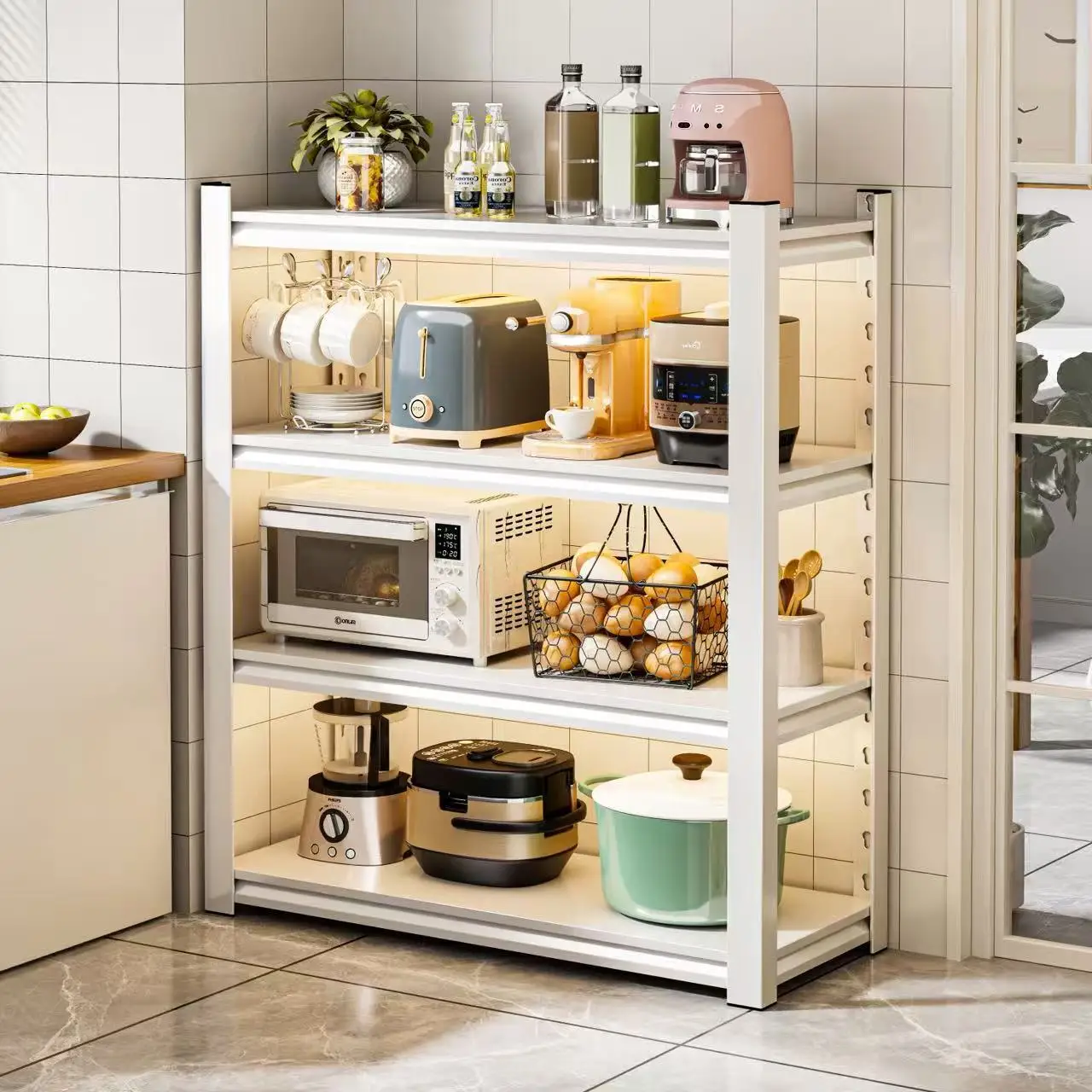 Adjustable Steel Kitchen Storage Rack Tier Floor Standing Organizer Reinforced Shelves Variable Height Multiple Width Depth