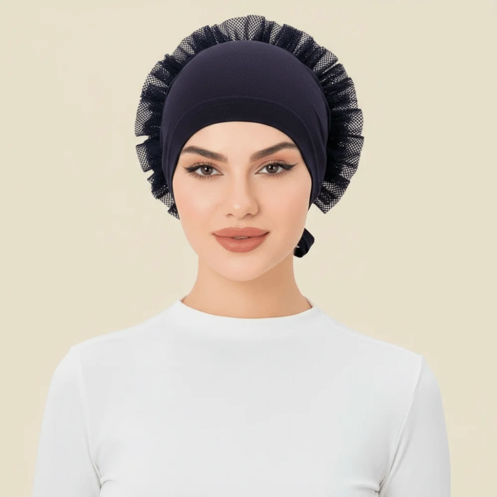 Solid Color Pre-tied Hijabs Back Lace Flower Tie Back Inner Hijab Caps Stretchable Thin Modal Women's Hijabs Women Head Covering