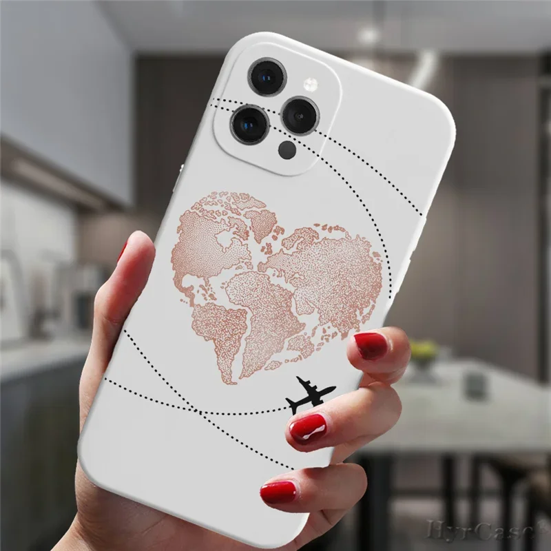 Earth World Map Plane Couple Phone Case for iPhone 16 15 14 13 12 11 Pro Max Mini SE Matte Silicone Soft Paried Cover Fundas Bag