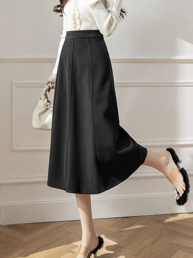 2025 Woolen Autumn Winter Skirt Woman Elegant A-line Office Umbrella Long Skirts High Waisted Spliced Brown Black Women's Skirt