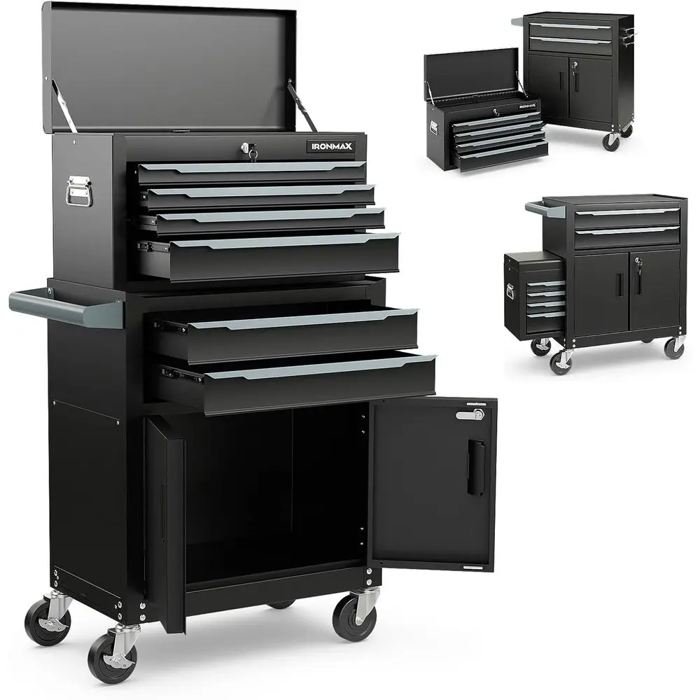 

Очень большой комод для инструментов с 6 ящиками, запираемыми колесами, автоматическим замком и защитным вкладышем для хранения в гараже и мастерской.