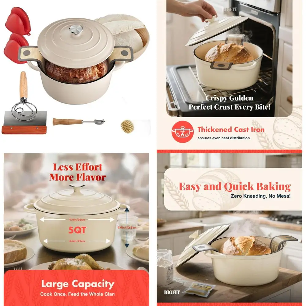 

5-Quart Enamel-Coated Cast Iron Dutch Oven for Bread Baking, Including Banneton Basket and Sourdough Accessories, White