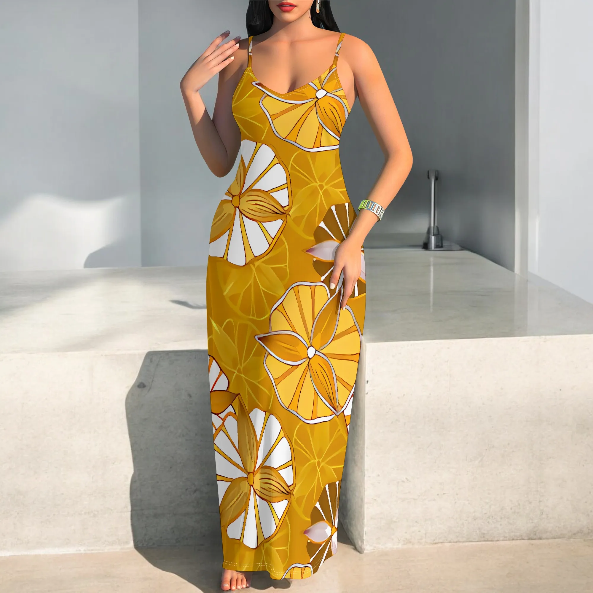 Boho Spaghetti Strap Maxi Dress Women Yellow Floral Print Vacation Sleeveless Sundress
