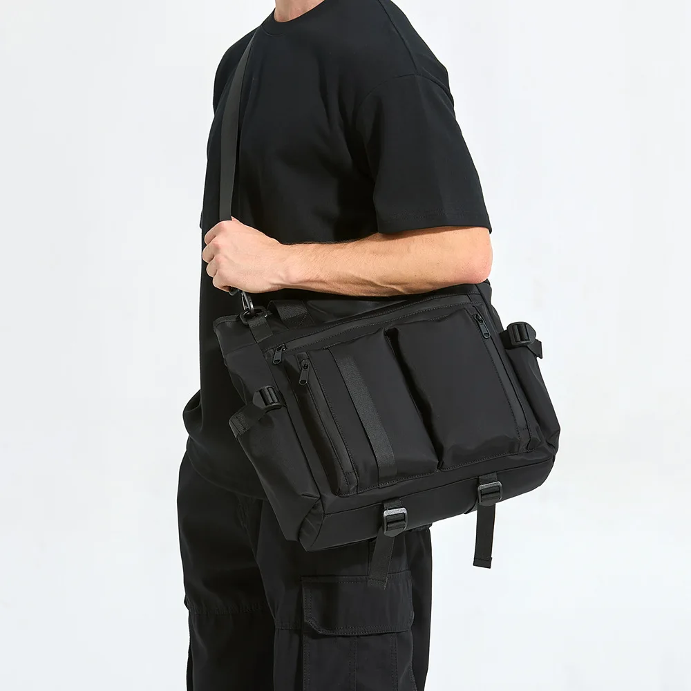 Men Nylon Tote Bag Multi Pocket Waterproof Crossbody Shoulder Handbag With Zipper Pockets Casual Commute Travel Male Satchel