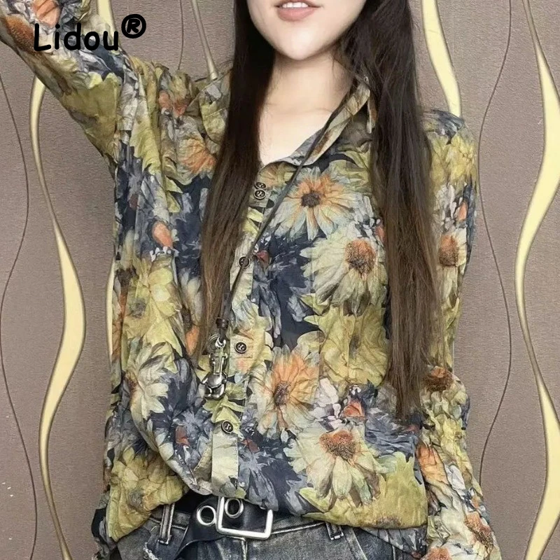 Women\'s Fashion Floral Print Button Up Shirt Spring Autumn Vintage Lapel Long Sleeve Blouse Casual Loose Tops Camisas De Mujer