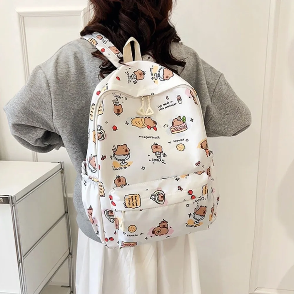 Nylon Capybara Backpack Wide Straps Multi Functional Cartoon Animal Daypack Adjustable Straps Korean Style