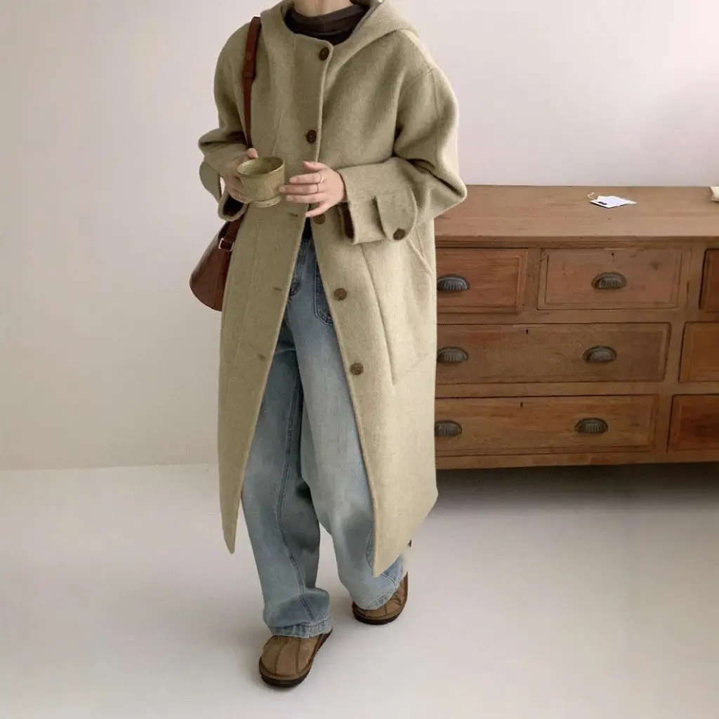 

Женское длинное двустороннее шерстяное пальто с капюшоном, однобортная толстая теплая кашемировая верхняя одежда с большими карманами