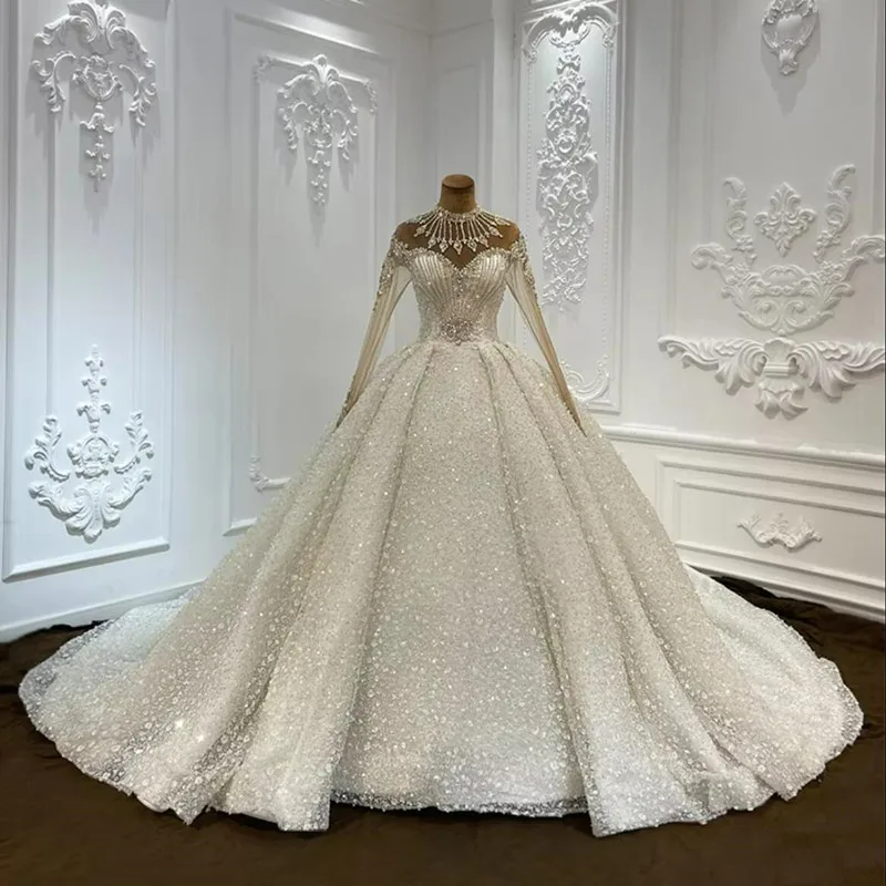 Customized Gorgeous High Collar Shinny Crystals Beads Wedding Dress  Long Sleeves 2 In 1 Ballgown Corset Back Bridal Gowns