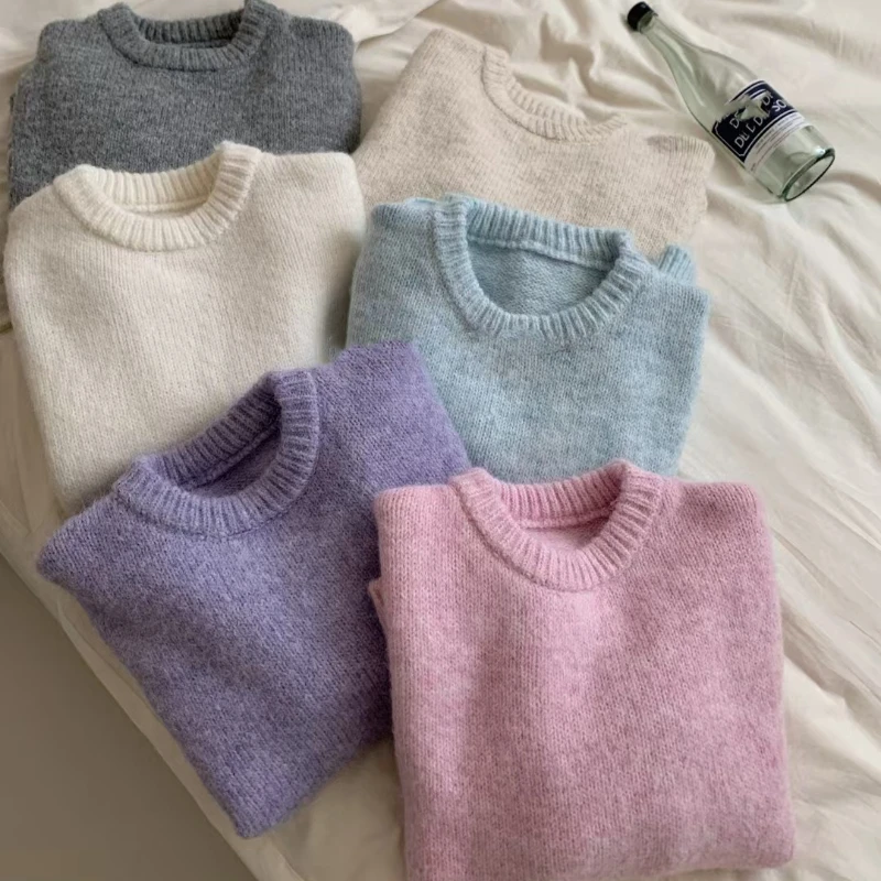 2025 Winter Fashion New Women's Warm Sweater Korean Version Fresh and Sweet Round Neck Long Sleeved Wool Pullover Sweater