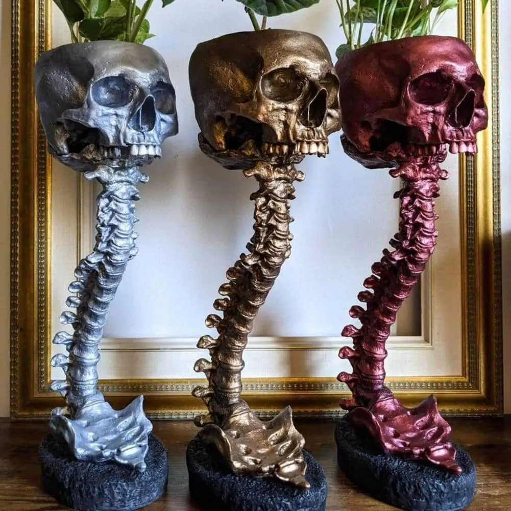 Unique Atmosphere Decor Realistic Skull Planter with Spine Stand Home Decor Flower Pot Candy Bowl for Halloween Skull for Indoor