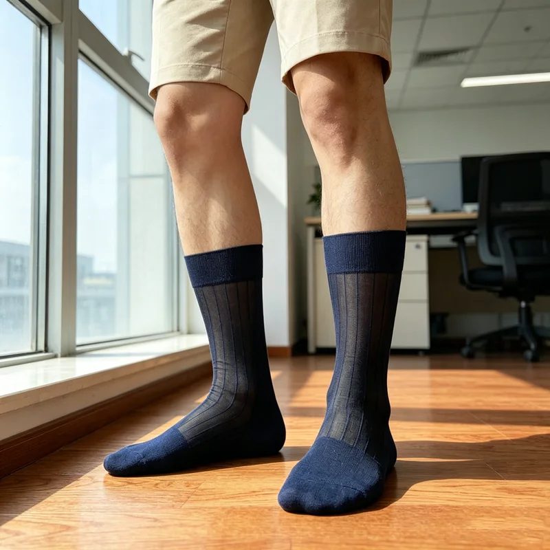 Men's Nylon TNT Socks Top Quality Summer Breathable Thin Sheer Solid Colors Wide Stripe Design Business Gentlemen Dress Socks