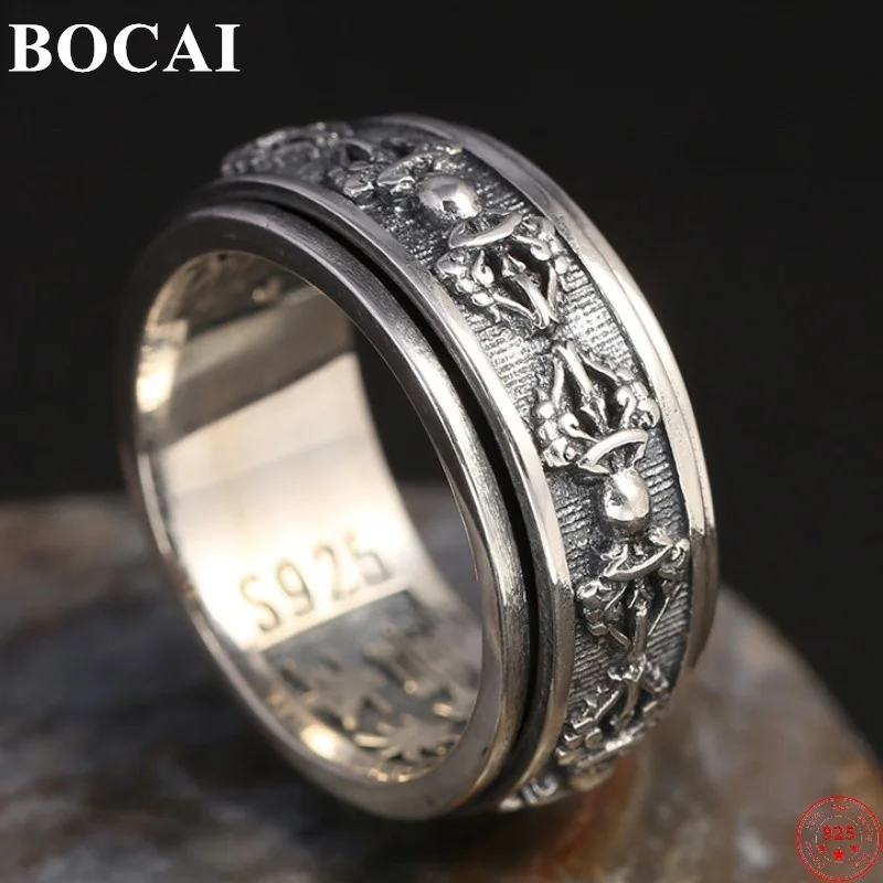 

BOCAI Genuine S925 Stering Silver Rings for Men Women 2023 New Fashion Vajra Pestle Buddhist Amulet Rotatable Argentum Jewelry