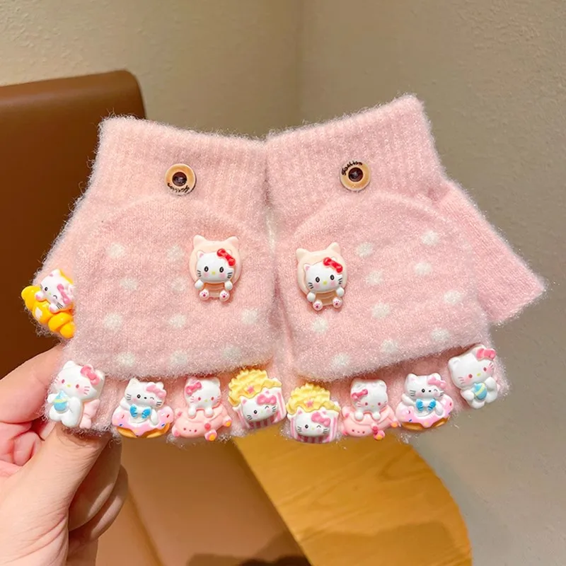 

Children Hello Kitty Cartoon Gloves Winter New Girls' Antifreezing Warm Flip-up Gloves Sweet Cute Pink Students Writing Gloves
