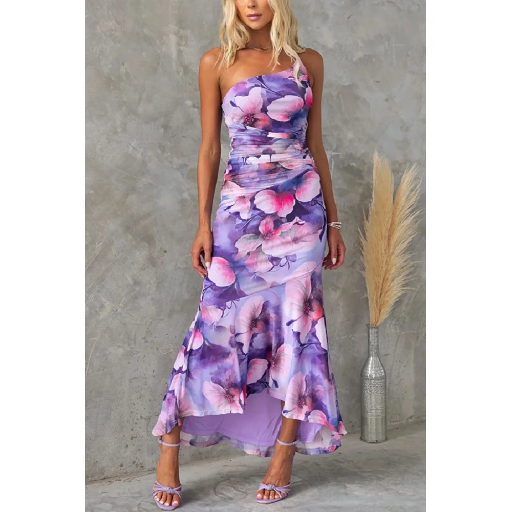 Vestidos largos de verano con cuello oblicuo para mujer, vestido largo de fiesta ajustado plisado con dobladillo con volantes y estampado Floral a la moda para mujer