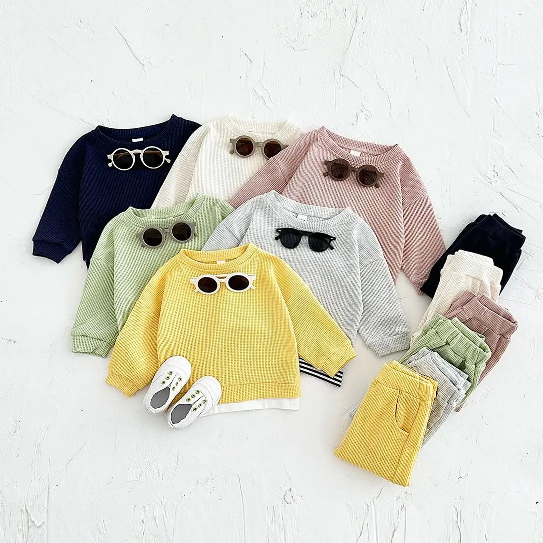 Autumn New Baby Clothes Sets Korea Waffle Cotton Children Clothing Loose Tracksuit Pullovers Top s+Pants 2PCS Infant Baby 0-3Y