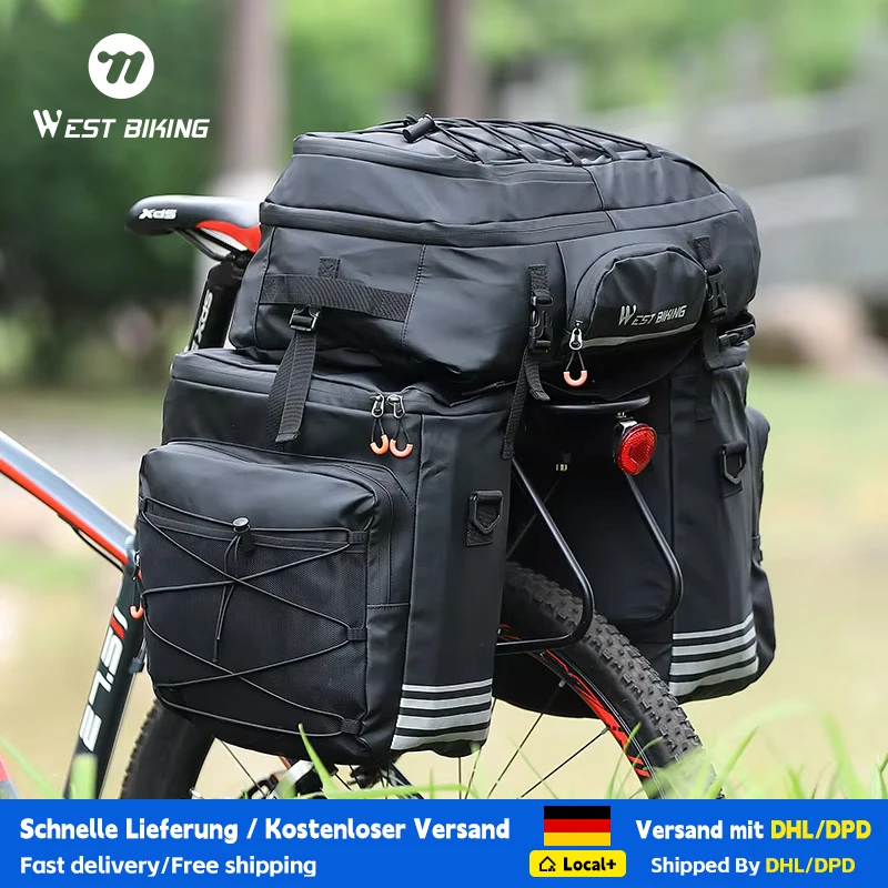 WEST BIKING 3 en 1 Sacoche de vélo 48L Grande capacité Sac de vélo imperméable VTT Sac de coffre arrière pour vélo Sac à dos