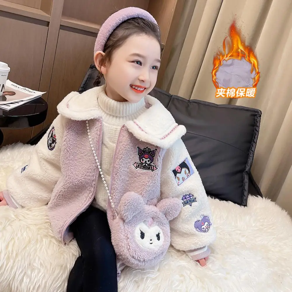 2025 Anime Kuromi Girls Plush Coat Sanrios Autumn Winter Kawaii Child Quilted Thicken Warm Winter Clothes Cartoon Tops with Bag