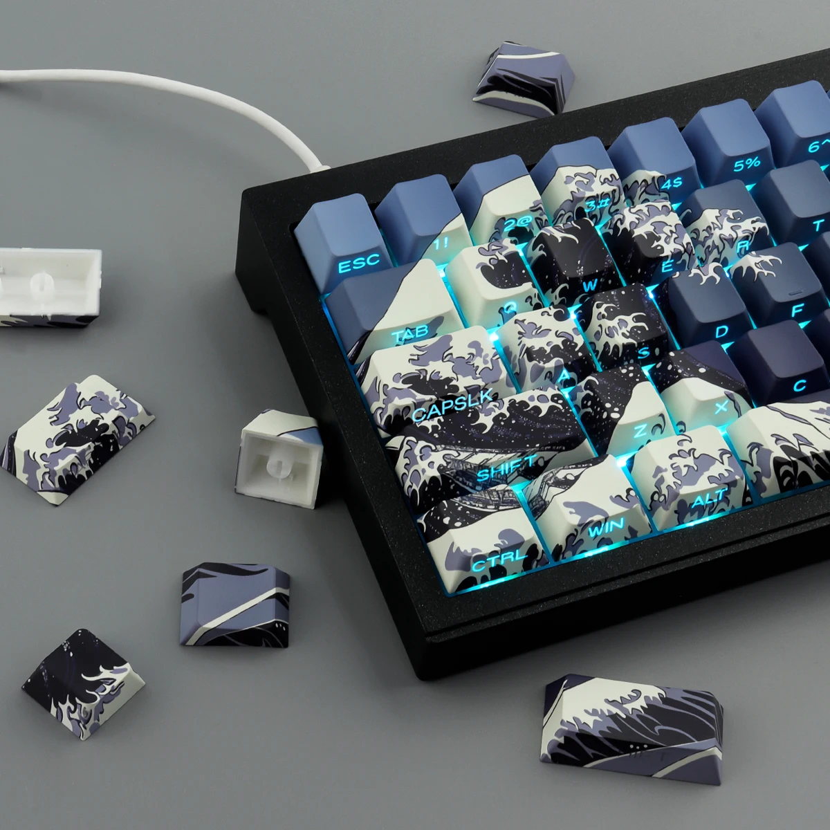 131 Keys Ukiyo-e blue Keycaps Dye Sublimation Cherry Profile PBT Keycaps For MX Switches Mechanical Keyboard Key Caps