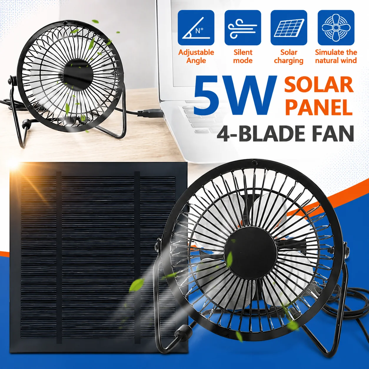 5W Portable Solar Desktop Fan Kit, 360° Adjustable Metal Stand Cooling Fan for Greenhouse Pet House Camping Fishing Office Use