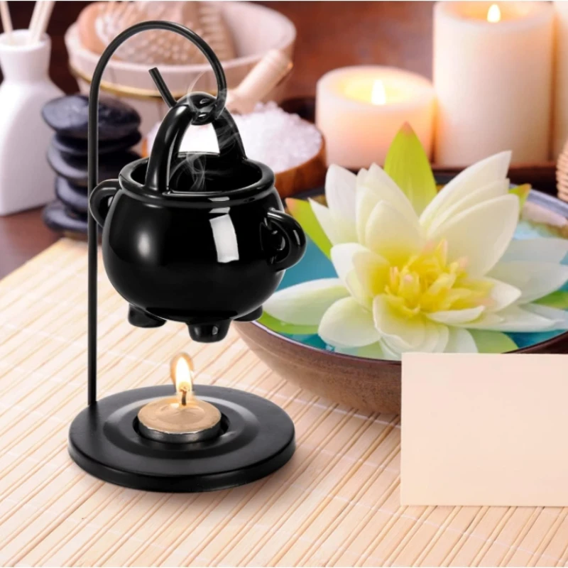 2 Pack Hanging Pagan Cauldron Oil Burner, Ceramic Cauldron Essential Oil Wax Melt Burner Tealight, Witches Witchcraft Decor