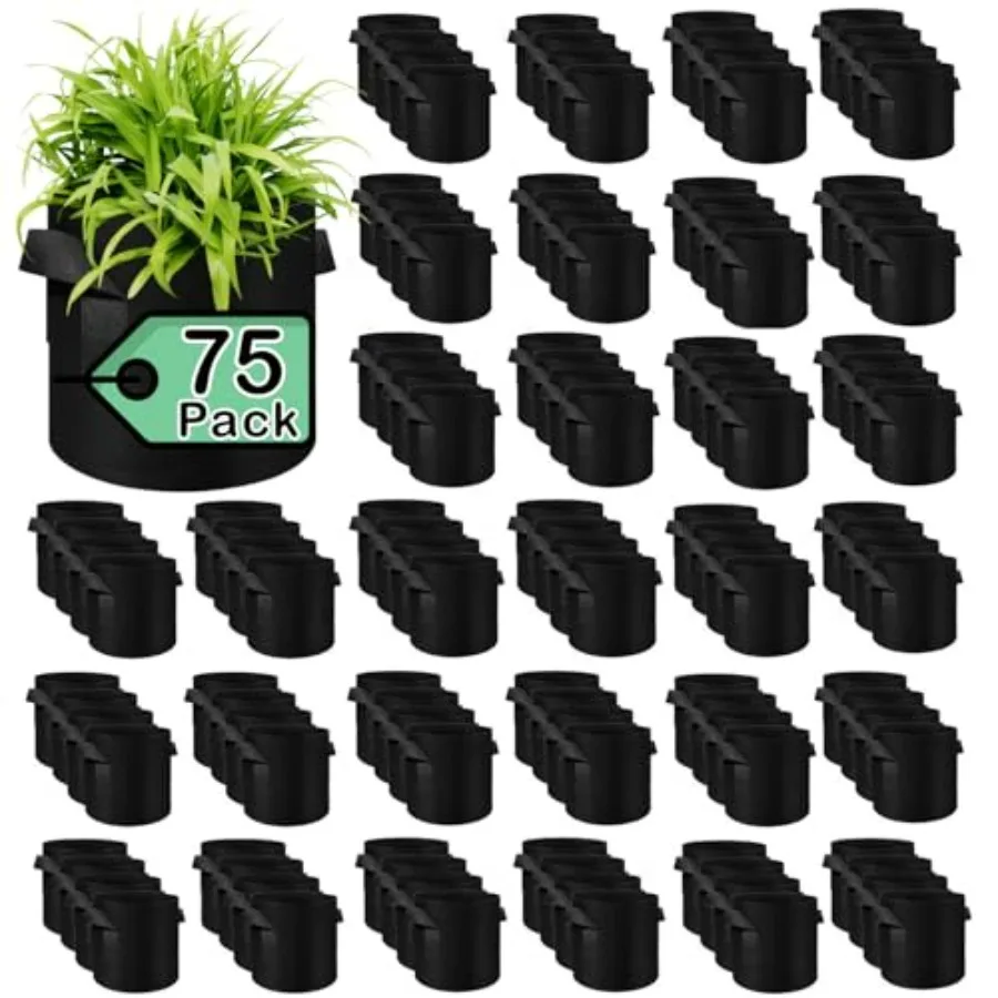 75 Pack 7 Gallon Plant Grow Bags Bulk, Thickened Nonwoven Fabric Pots with Handles, Black Vegetable Planter Bags Containers for