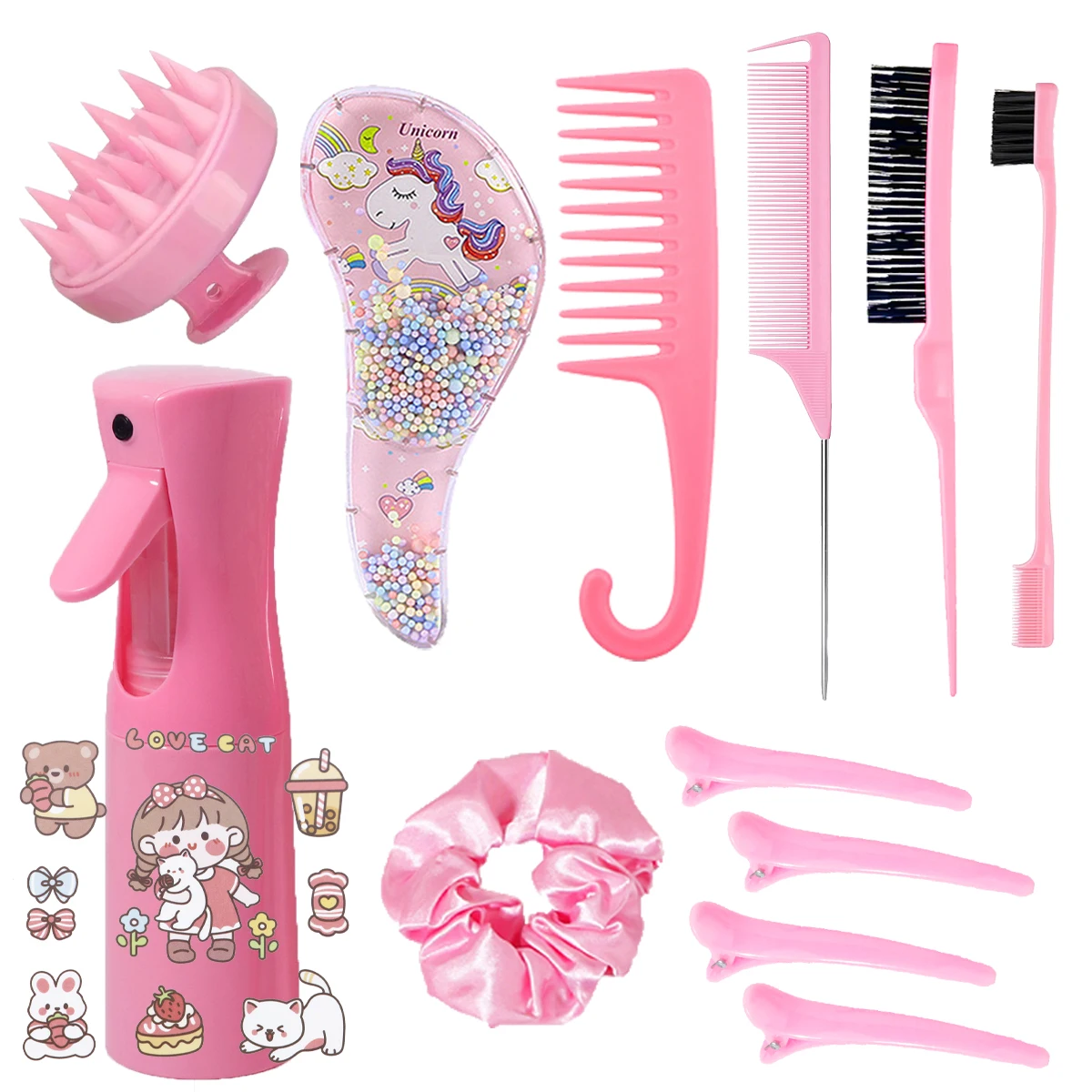 

Набор расчесок для бутылок с распылителем, 12 шт./компл., с мультяшными наклейками, милым инструментом для волос, подходит для всех причесок, специально для париков из натуральных волос