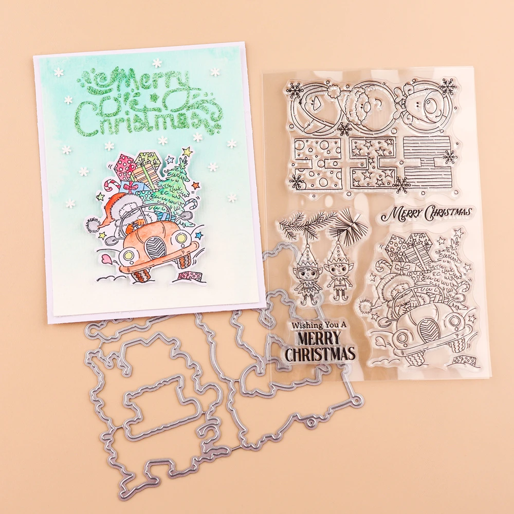 Santu Claus with Gifts Metal Cutting Dies Clear Stamps Merry Christmas HOHOHO for DIY Scrapbooking Paper Cards Craft 2023