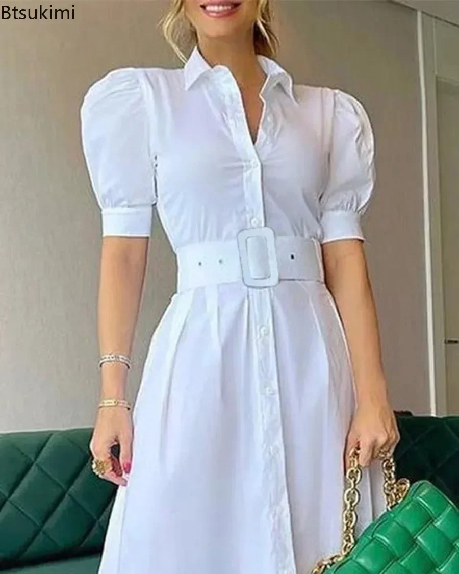 New 2024 Women\'s Summer Short Sleeve Club Party Dresses White High Waist Gowns Button Design Female Luxury Long Dress Vestidos