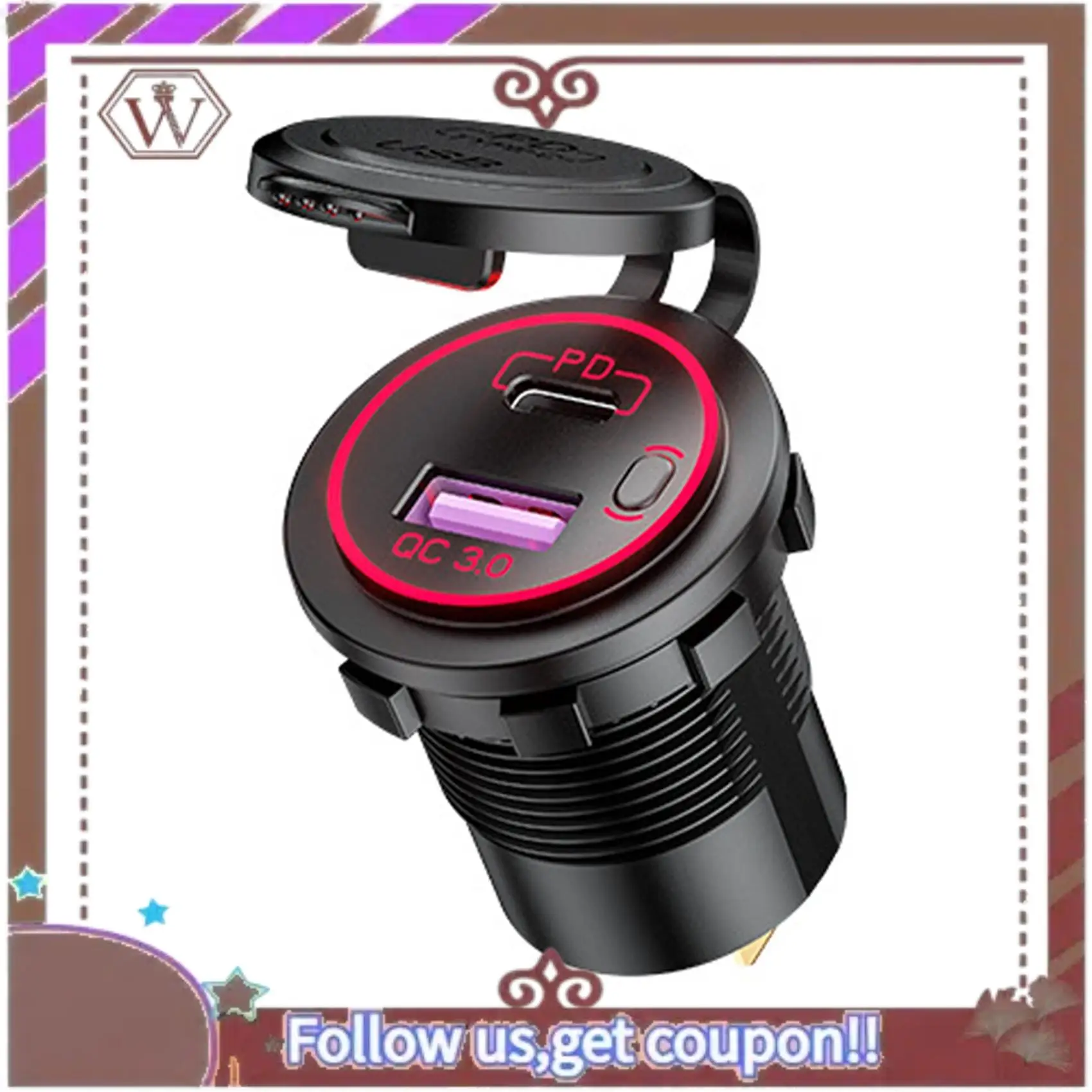 ล่าสุด 4X PD ประเภท C USB Car Charger และ QC 3.0 Quick Charger 12V Power Outlet ซ็อกเก็ตพร้อมสวิตช์เปิด/ปิด,สีแดง