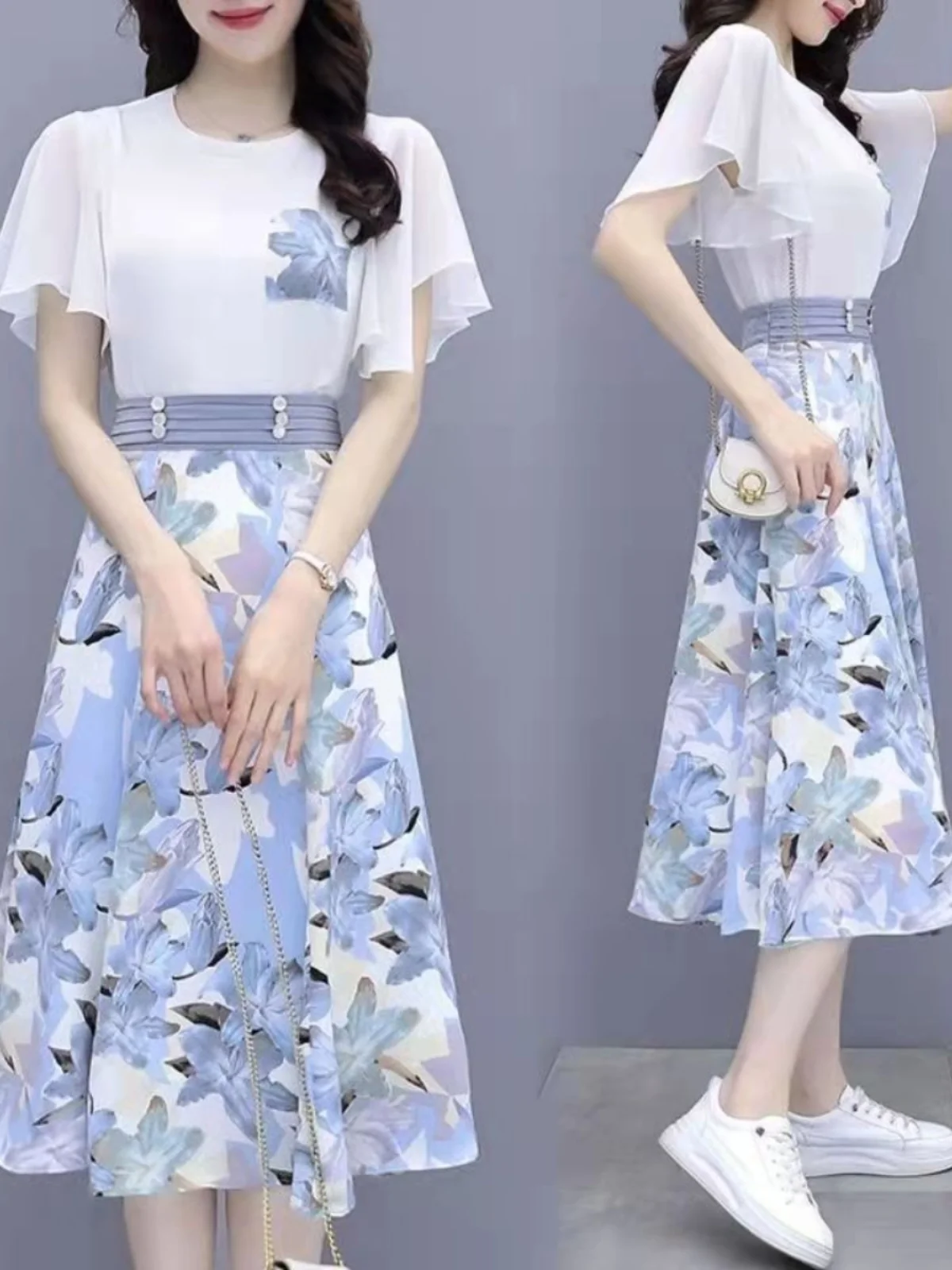 

Sweet Floral Chiffon Dr Set Women's Summer 2023 New Sle plus Size Belly Cover Slimming Skirt Faionable Ensemble