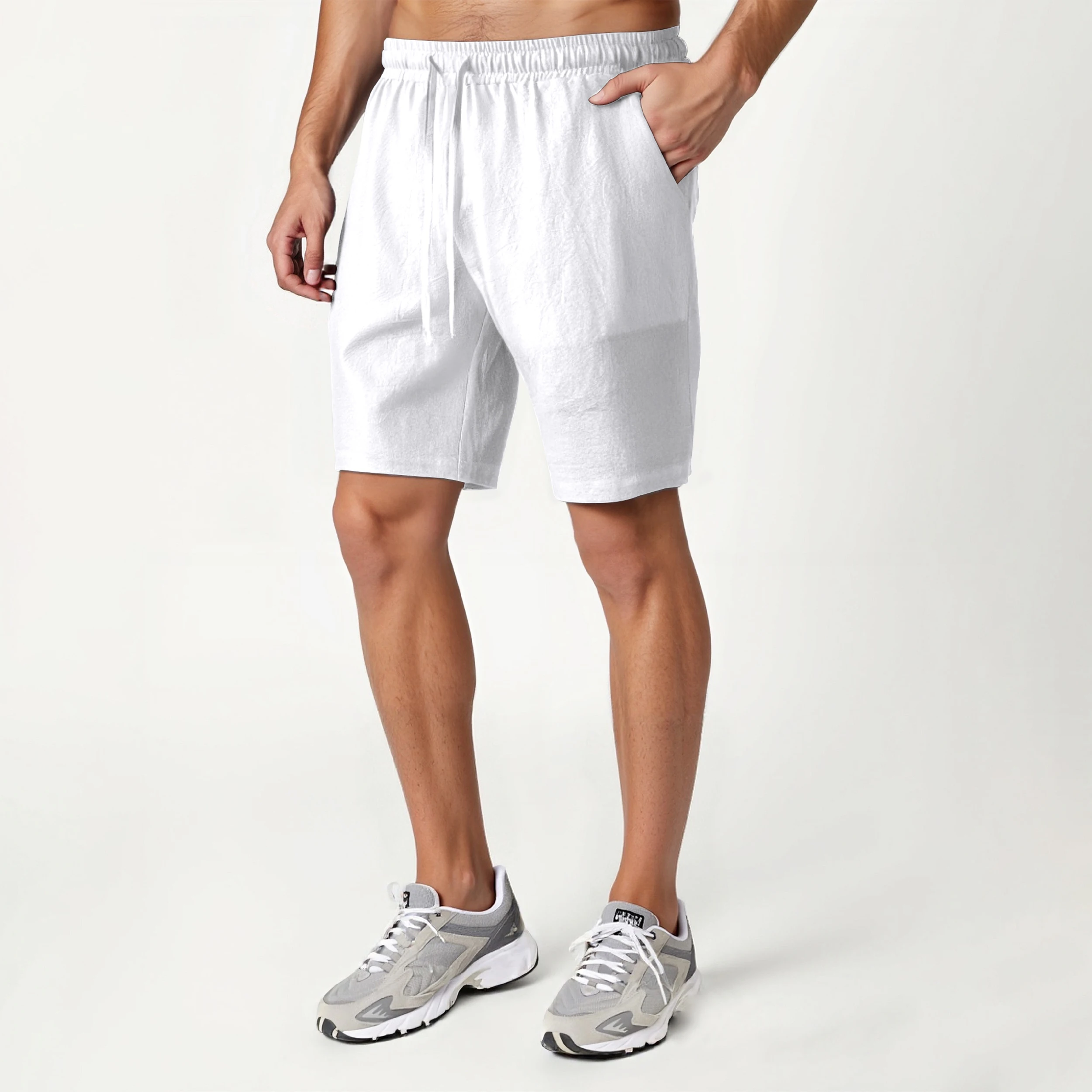 

Summer men's solid color breathable cotton and linen lace-up shorts with pockets casual men's pants suitable for outdoor sports