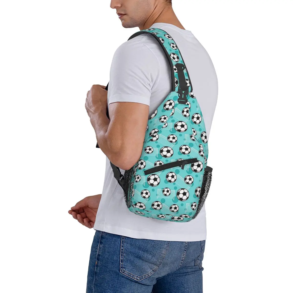 Soccer Ball And Goal Teal Pattern - Teal Soccer Chest Bag Men Sling Crossbody Backpack Chest Bag Hiking Daypack Shoulder Bag