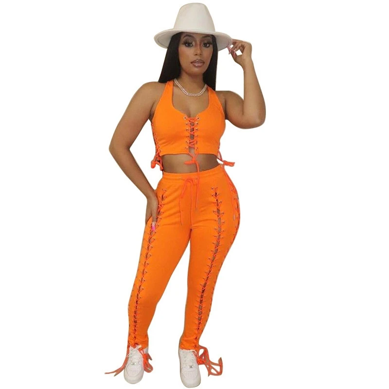 

Weird Puss Sexy 2piece Set Women Hipster Halter Camisole+Shirring Hollow Pants Midnight Matching Stretch Clubwear Skinny Outfits