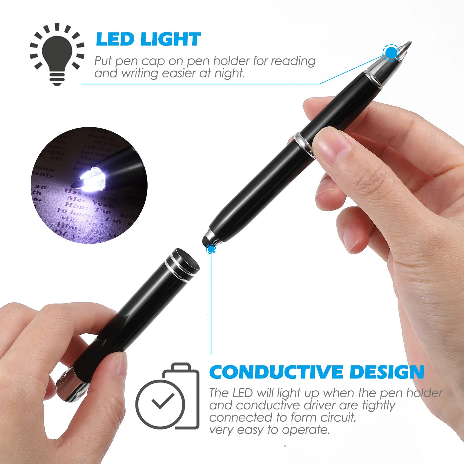 

2Pcs Creative LED Ballpoint Pens Metal in The Dark Smooth Writing Pens Luminous Stationery for Kids Adults Night Use