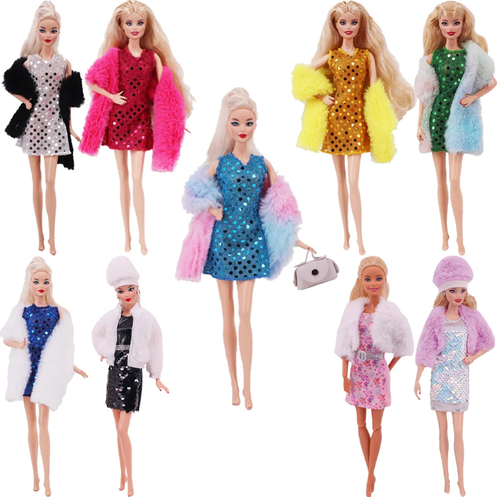 Accessories&Miniature Items Handbag，Barbiees Doll Clothes Plush Coats +Sequin Skirt ,Toys For Girls For 11.8Inch30Cm Bjd Dolls