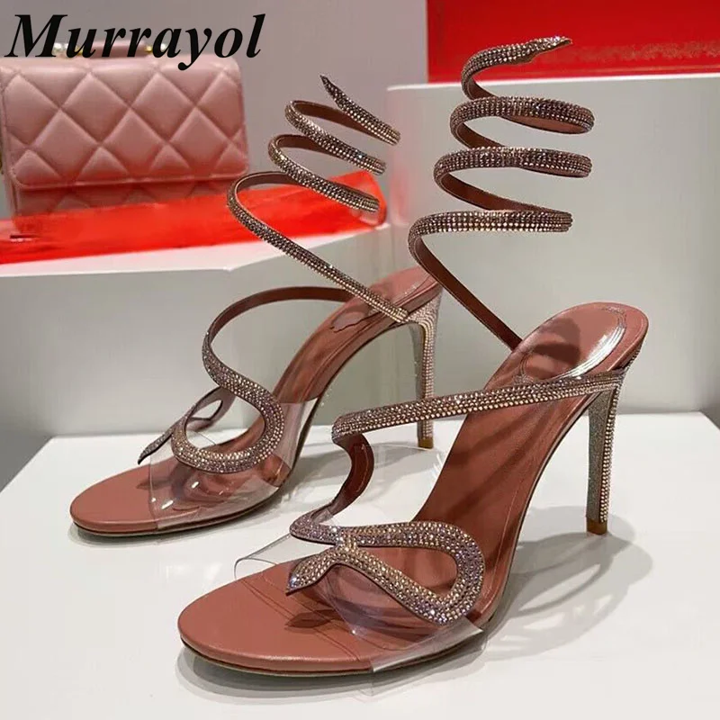 

Crystal Decor Snake Shaped Elastic Strap Sandals Women PVC Transparent One Strap Thin Heels Sandalias Summer Dress Shoes Pumps