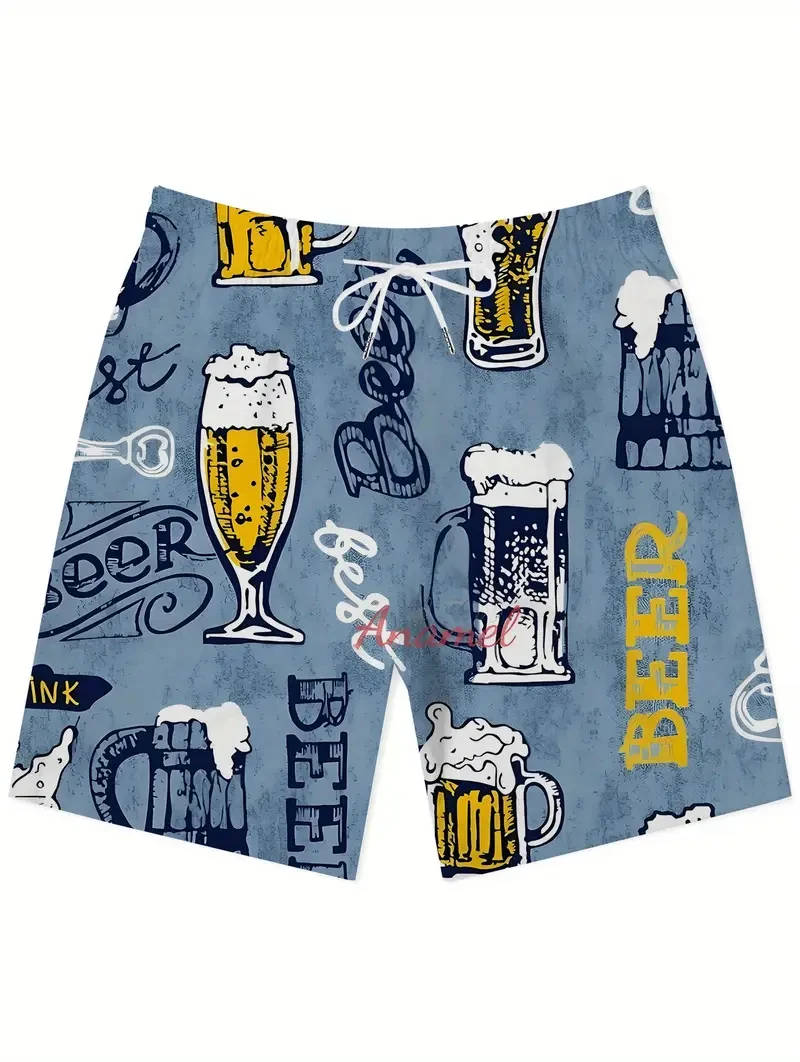 3d Beer Print Men's Swimsuit Street Hip Hop 2025 New Casual Beach Shorts Men's Summer Swimming Shorts Drawstring Casual Trunks