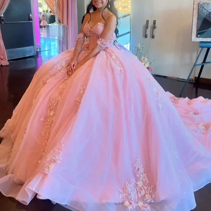 Pink Shiny Quinceanera Dresses Off The Shoulder Customizd Applique Lace Beads  Vestidos De 15 Princess Sweet 16 Birthday Dress