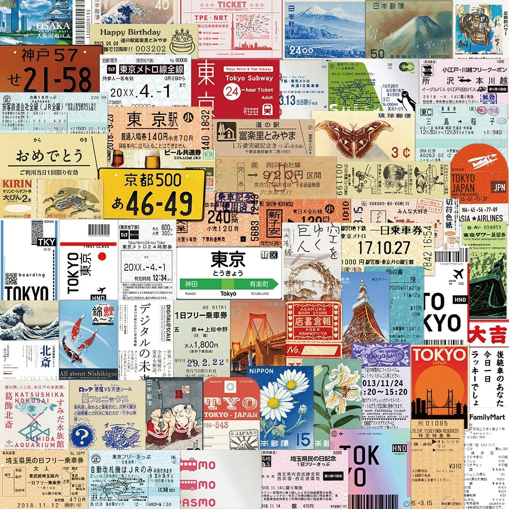 10/30/50pcs Vintage Japan City Travel Tickets Cartoon Stickers Landmark Ticket Decals DIY Suitcase Phone Helmet Graffiti Sticker