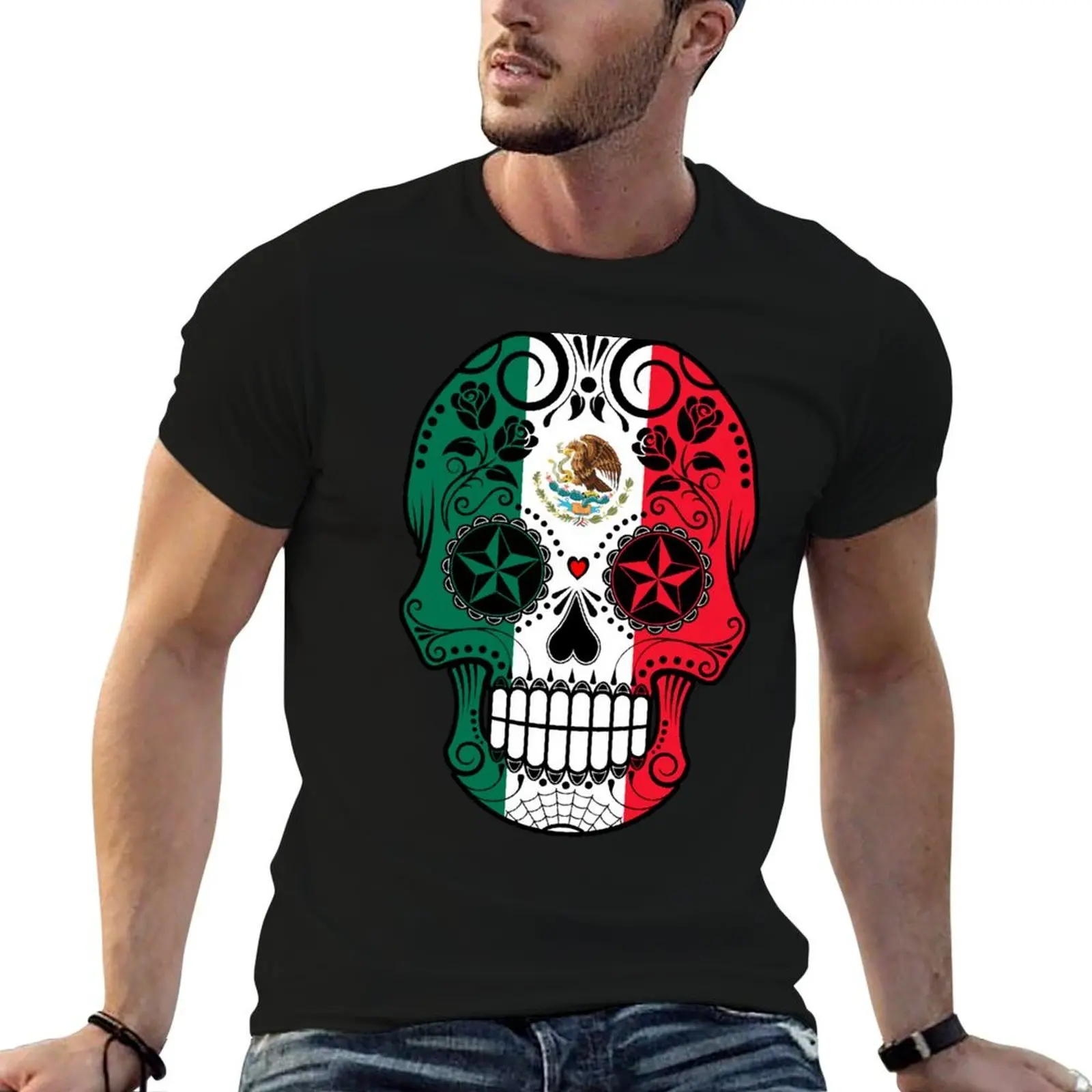 Sugar Skull with Roses and Flag of Mexico T-Shirt Short sleeve tee summer top vintage t shirt men