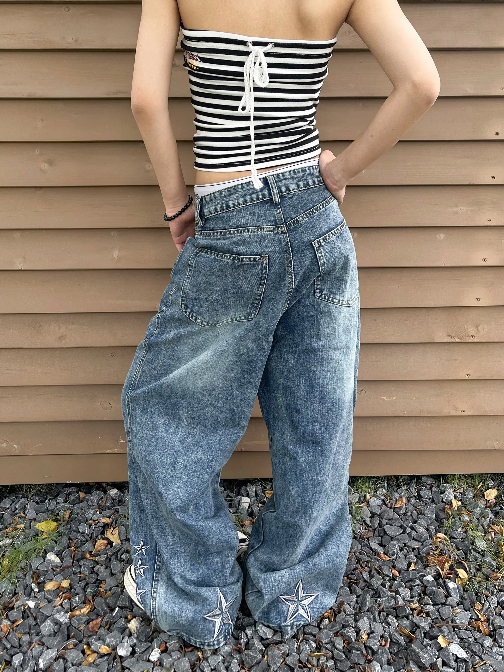 

Мужские винтажные джинсы с вышивкой в стиле ретро-американской звезды, свободные, широкие, повседневные, в пол, трендовые, повседневные, стильные