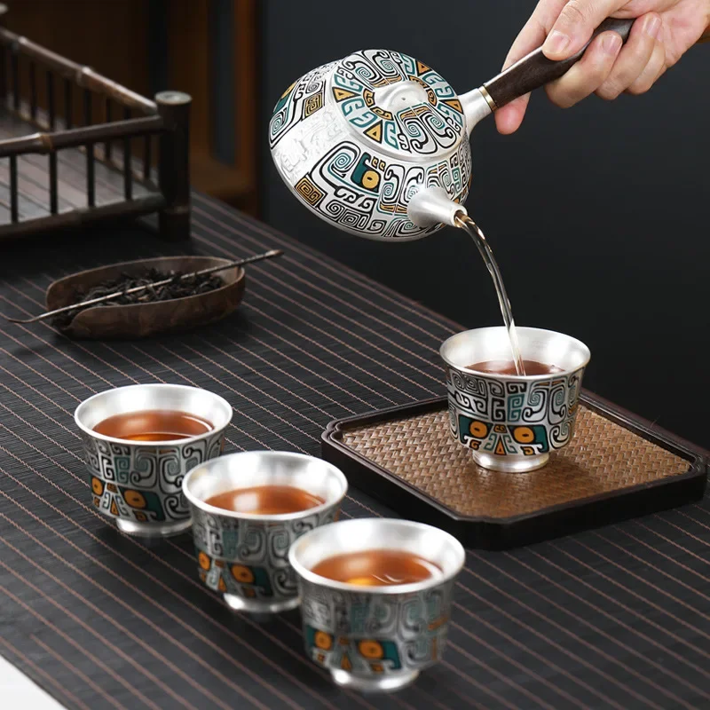 Sterling Silver Ceramic Japanese Pot Four Cups Portable Home Travel Portable Taotie Pattern Kung Fu Travel Tea Set