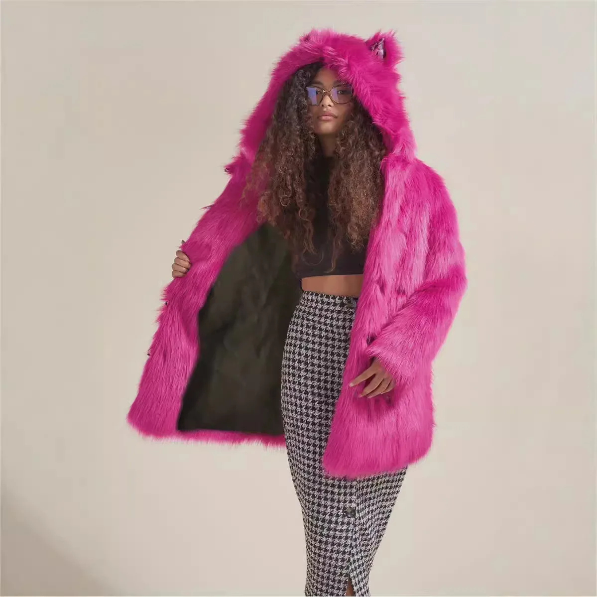 Luxury High-Quality Fluffy Fox Fur Coat Women Hooded with Ears Faux Fur Coats Soft Winter Coat Warm Streetwear Design Clothes