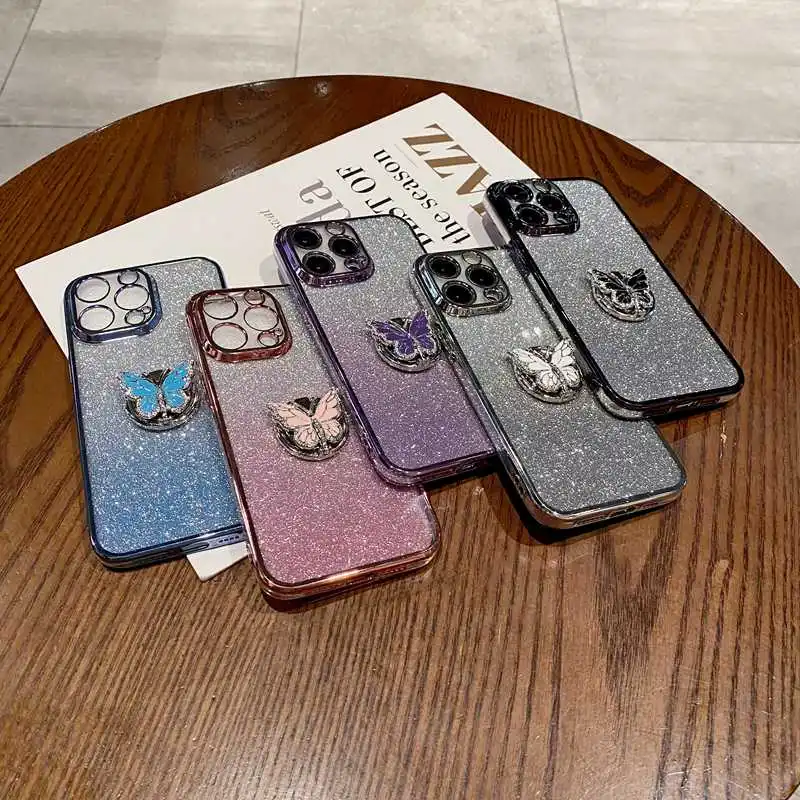 Butterfly Ring Stand Glitter Phone Case For Huawei Y8S Y9S Y6P Y7A Y7 Y9 Prime P Smart Z Plus 2019 2021 P40 P30 Lite Soft Cover